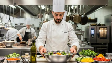 Gourmet chef skillfully prepares fresh salad in bustling kitchen. culinary expertise shines in professional cooking environment.