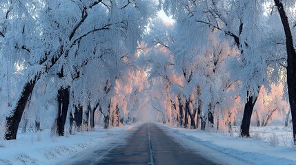winter forest road covered in fresh snow, serene snowy woodland path in soft morning light