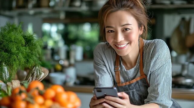 Diet vlogger coach Asian woman on mobile live sharing HDL recipe plan, bright kitchen, ingredient flat lay, upbeat smile, with copy space