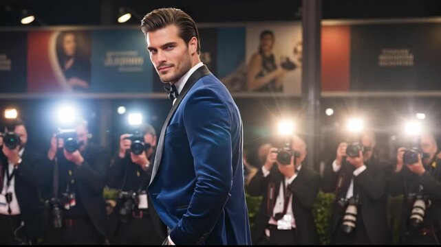 Elegant walk of a man in a blue tuxedo on the red carpet. capturing the essence of glamour and style.