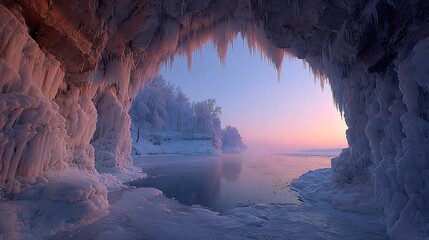 sunset view from icy cave with icicles, frozen cavern glowing with warm winter light