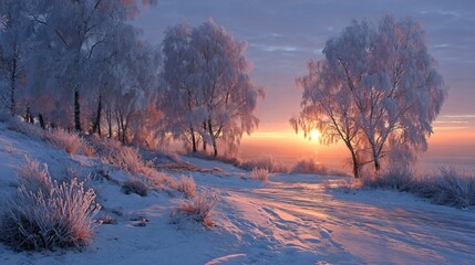 frost-covered trees in soft sunrise light, winter landscape with snowy branches
