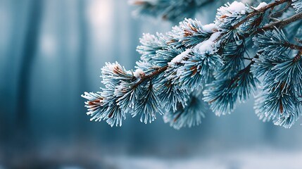 snow-covered pine needles in winter, frosty evergreen branch with icy details