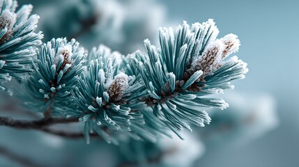frozen pine branch covered with snow, close-up frosty evergreen needles in winter