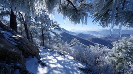 winter mountain path with snowy trees, scenic snow-covered hillside trail at sunrise