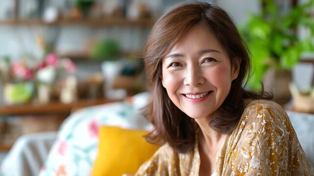 Happy older Asian mum on sofa, front-view smile to camera, mental health positivity, soft natural light, single parent day mood, with copy space