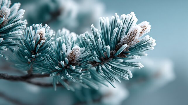 frozen pine branch covered with snow, close-up frosty evergreen needles in winter
