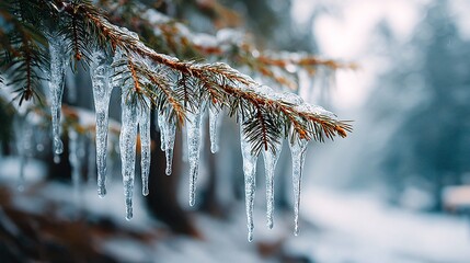 snowy pine branch with long icicles, frozen icicles hanging from evergreen needles