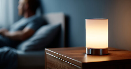 Modern bedside lamp glowing softly on wooden nightstand with blurred elderly man sitting on bed in background