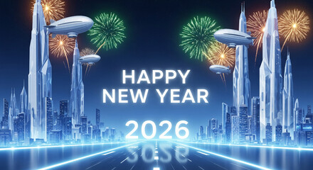 Futuristic cityscape with airship, fireworks and glowing lights, representative of New Year celebration and future technology anticipation, perfect for banners
