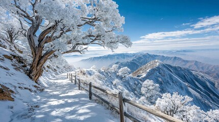 snowy hillside trail with winter trees, bright winter landscape overlooking mountains