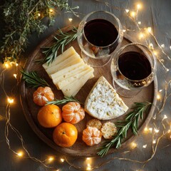 Cozy winter evening with a festive food platter featuring mandarins, cheese, crackers, and red wine, perfect for holiday gatherings and intimate dinners.