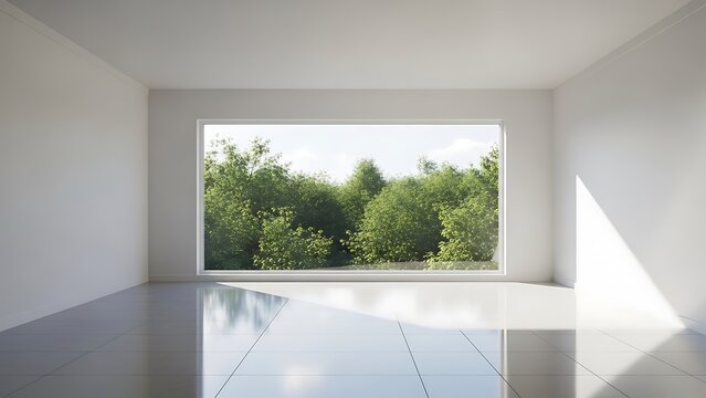Contemporary empty white room with a glossy floor and a scenic view of lush green trees