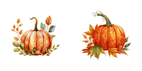 pumpkin and autumn leaves watercolor vector illustration