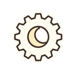Cream Colored Gear With Crescent Moon Symbol Inside Central Circle On Black Background Flat Vector Art Minimalist Design