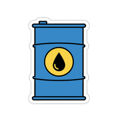 Blue Metal Barrel with Yellow Circle and Black Drop Symbol on White Background Stylized Sticker Graphic
