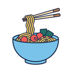 Bowl Of Ramen Noodles With Chopsticks Red Cherry Tomatoes And Seaweed In A Light Blue Bowl Flat Vector Art Sticker Style With Black Outline