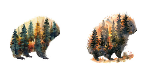 silhouette porcupine with forest scene inside watercolor vector illustration