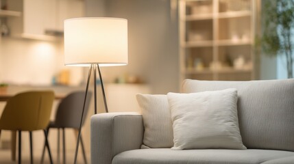Cozy living room interior with comfortable sofa, pillows, and warm lamp light
