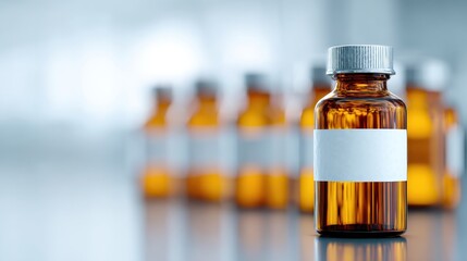 Amber glass bottle with blank label for medical or pharmaceutical use