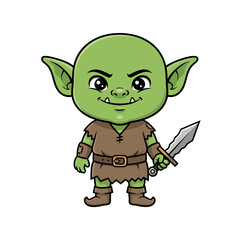 Chibi Green Goblin Character Illustration With Small Sword In Front Of Black Background