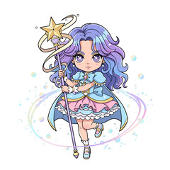 Chibi Magical Girl Character With Pastel Blue Dress Holding A Star Wand Waving Happily With Swirling Colors And Sparkles Around Her