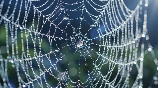 Close up of a spider web covered with water droplets against a blurred background