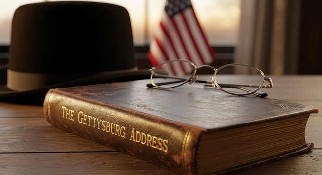 Leather-bound book titled The Gettysburg Address with glasses and hat  