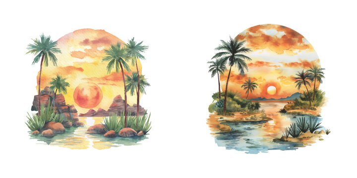 sunset over a desert oasis watercolor vector illustration