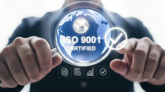 Businessman inspects iso 9001 certified quality management concept motion animated video 4k