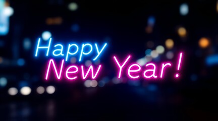 Obraz premium Happy New Year neon sign with pink and blue lights on blurry street