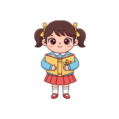 Chibi Style Illustration Of A Young Girl In A Yellow Sweater And Red Skirt Holding A Book With Yellow Cover And A Blue Collar Shirt