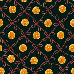 Christmas Orange Slices and Red Twine Bows Seamless Pattern