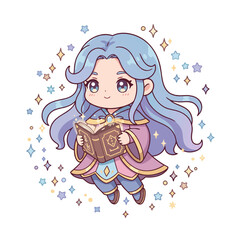 Chibi Style Wizard Girl With Long Blue Hair Floating Surrounded by Sparkly Stars Holding an Open Magic Book Detailed Pixel Art Fantasy Illustration