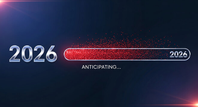 Image of 2026 year with a progress bar filled with red glitter, symbolizing anticipation and countdown towards the specified future year or event
