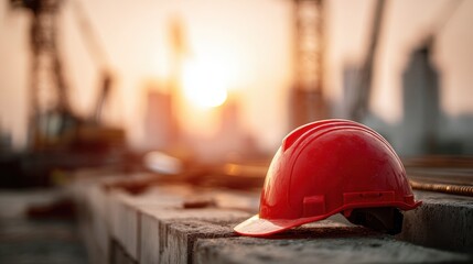 Red hard hat on a concrete beam at a construction site during sunset