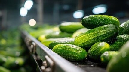 Freshly harvested green cucumbers on a factory production line