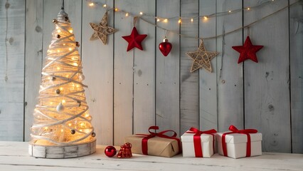 Festive christmas tree decoration with gifts and twinkling lights