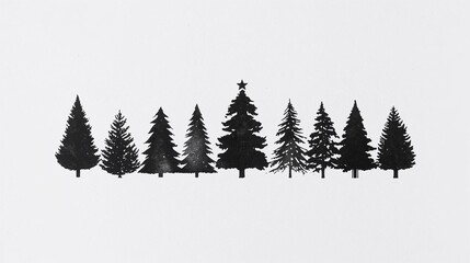 Ink stamp of Christmas trees on white textured paper