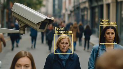 Facial recognition system scanning diverse pedestrians on a busy city street. A security camera actively monitors individuals in an urban environment. Camera tilting down. - Powered by Adobe