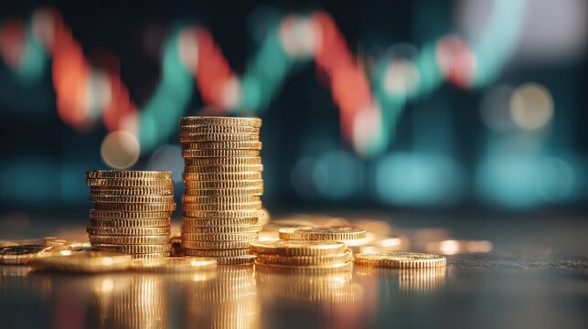Gold coins stacked against a backdrop of a fluctuating stock market chart