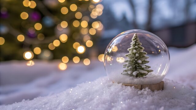 Snow globe with miniature christmas tree in snowy landscape with bokeh lights