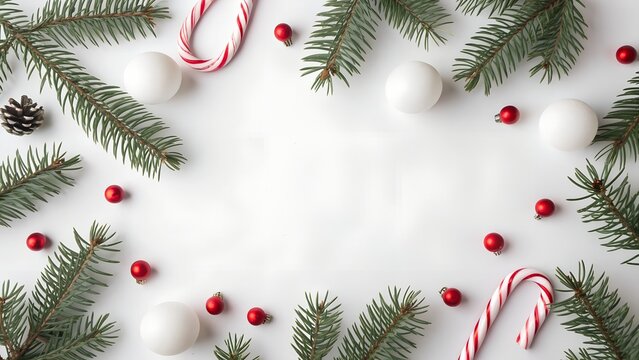 Festive christmas flat lay with evergreen branches candy canes and berries