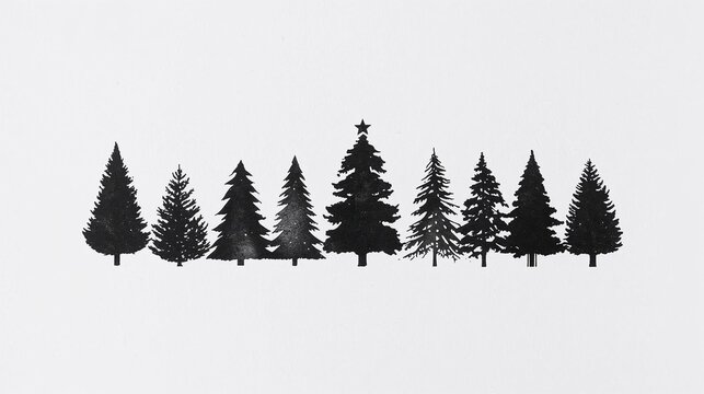 Ink stamp of Christmas trees on white textured paper