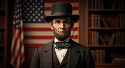 Abraham Lincoln portrait in formal attire against American flag backdrop  