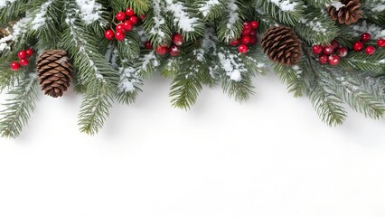 Festive christmas garland with pine cones and red berries on white background