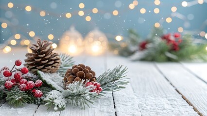 Festive christmas arrangement with pinecones and berries on a snowy wooden table