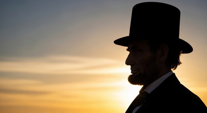 Silhouette of Abraham Lincoln wearing a top hat against sunset background, Concept of Abraham Lincoln's Birthday   - Powered by Adobe