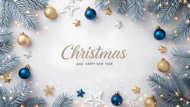 Festive christmas wreath with blue and gold ornaments and fairy lights