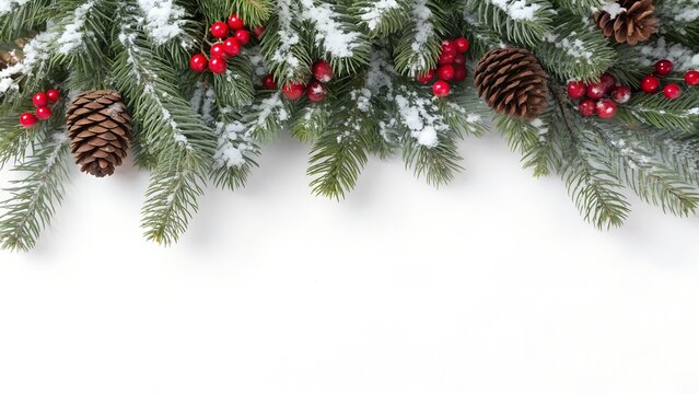 Festive christmas garland with pine cones and red berries on white background - Powered by Adobe
